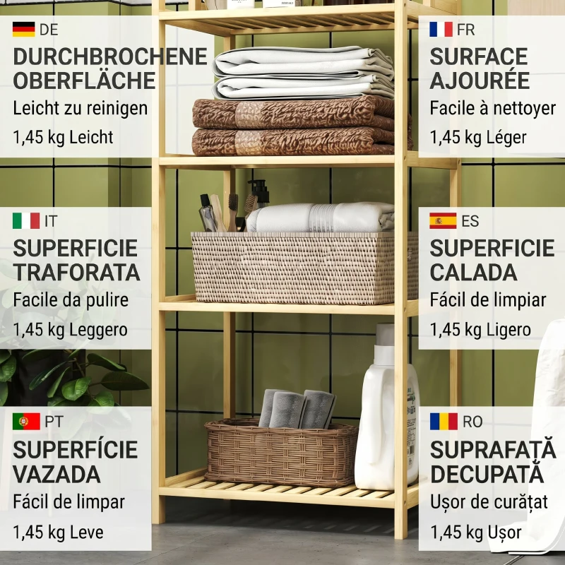HOMCOM Raft Mobil pentru Baie cu 7 Polițe, Depozitare și Organizare, Dulap din Bambus, 44x33x180 cm, Culoare Lemn