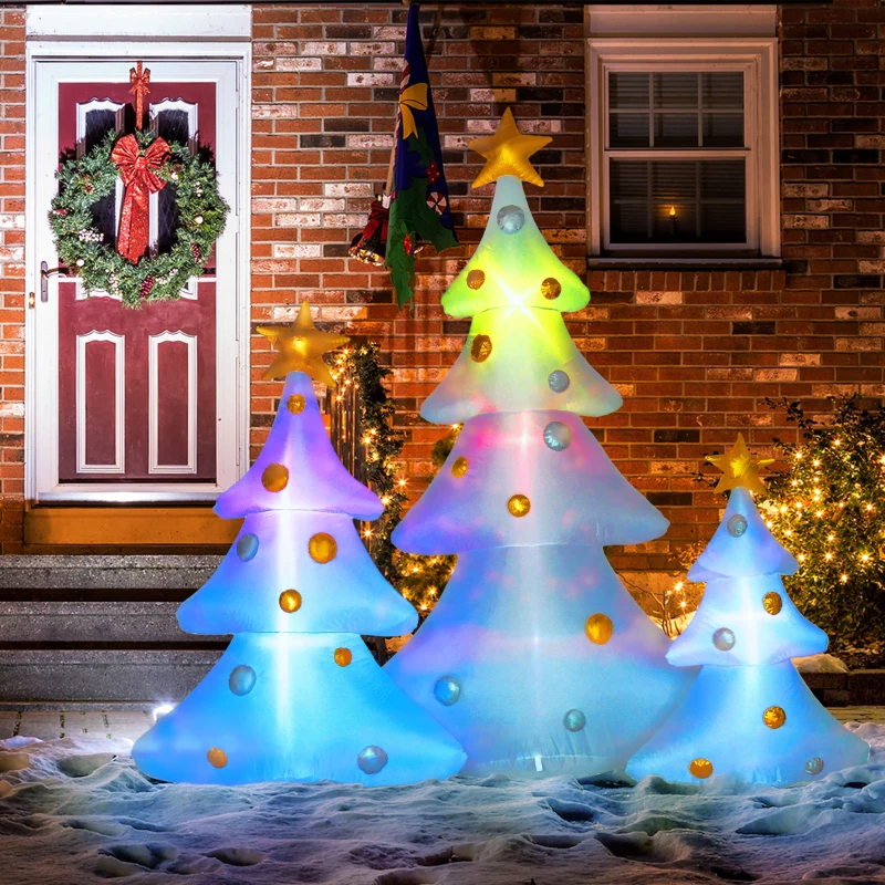 HOMCOM 3er-Set aufblasbare Weihnachtsbäume, inkl. Gebläse, In- und Outdoor, inkl. Befestigungsmaterial, Weiß+Gold