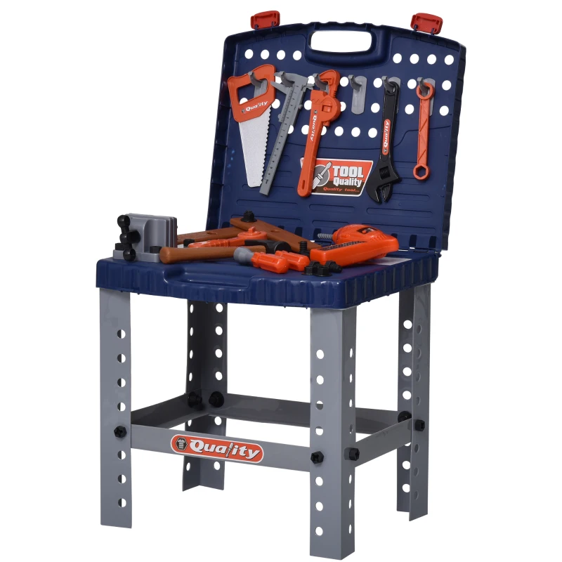 HOMCOM Banco de Herramientas para Niños +3 Años con 68 Piezas Desmontable Portátil Juego de Imitación con Maletín de Herramientas Taladro Martillo 40x43x72 cm Azul y Gris