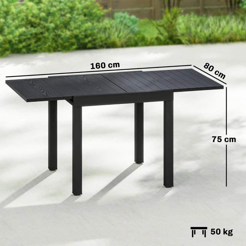 Outsunny Table de jardin extensible pour 4-6 personnes avec rallonge auto-stockée aluminium avec effet bois 80-160 x 80 cm noir