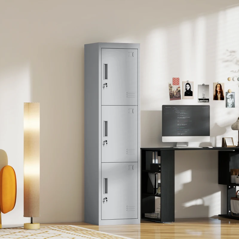 HOMCOM Armadio per Ufficio in Acciaio a 3 Porte Indipendenti con Serratura e 2 Chiavi, 45x38x180 cm, Grigio Chiaro