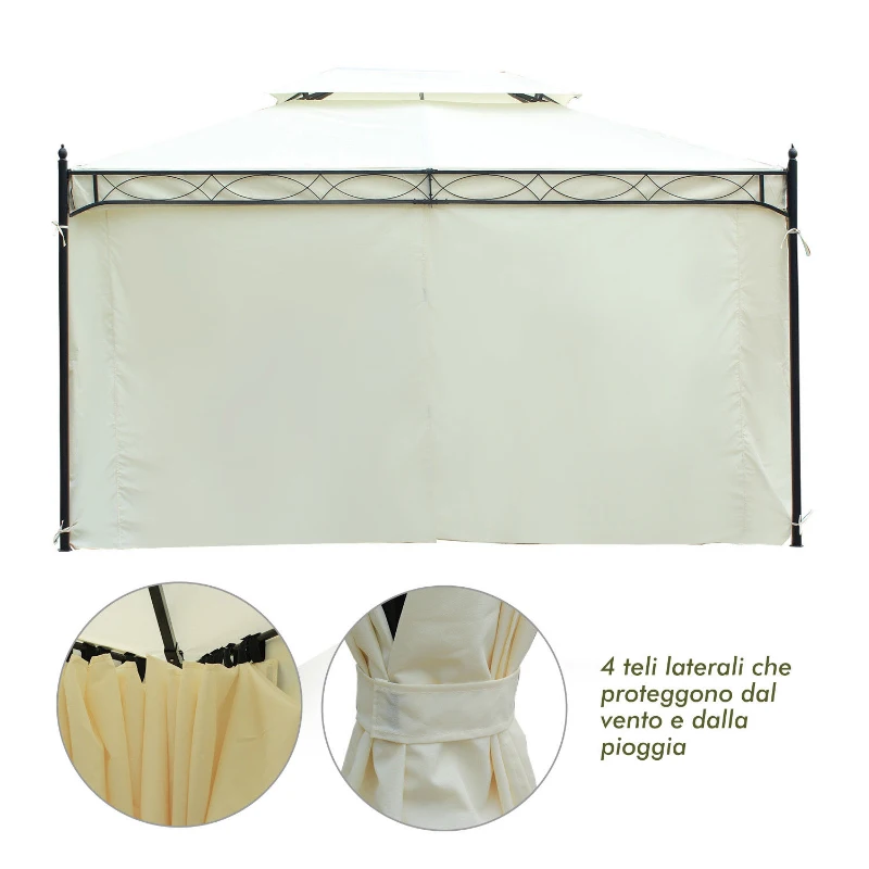 Outsunny Gazebo da Giardino 3x4m in Acciaio con Doppio Tetto e 4 Tende Laterali, Crema