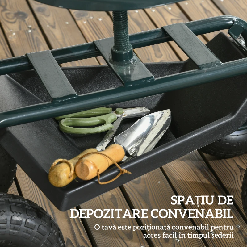 Outsunny Cărucior de grădină cu scaun reglabil și tavă inferioară, din oțel și PP, 83x36.5x45-60 cm, verde închis