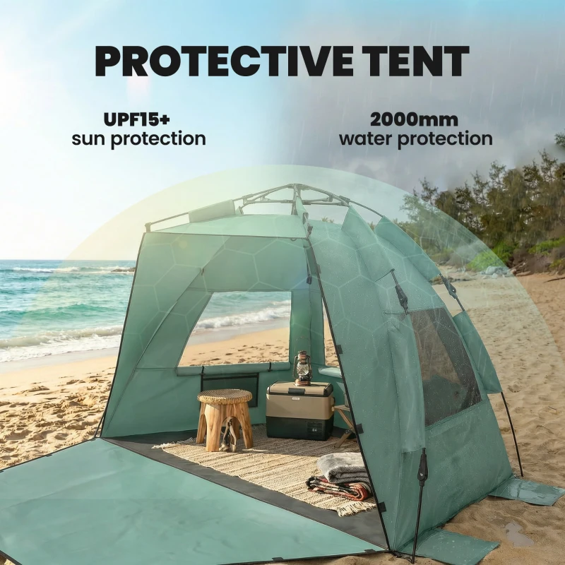 Outsunny 2-3 Person Pop Up Beach Tent, UPF15+ Sun Shelter with Extended Floor, Sandbags, Mesh Windows and Carry Bag, Green