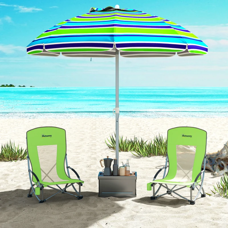 Outsunny Set of 2 Folding Beach Chair, Low Camping Chair with Mesh Back, Carry Bag and Cup Holder for Garden Outdoor Picnic Festival Travel, Green