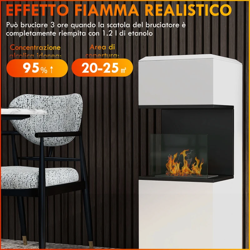 HOMCOM Camino a Bioetanolo da Terra con Bruciatore da 1.2L e Pannello in Vetro, 38x38x100cm, Bianco