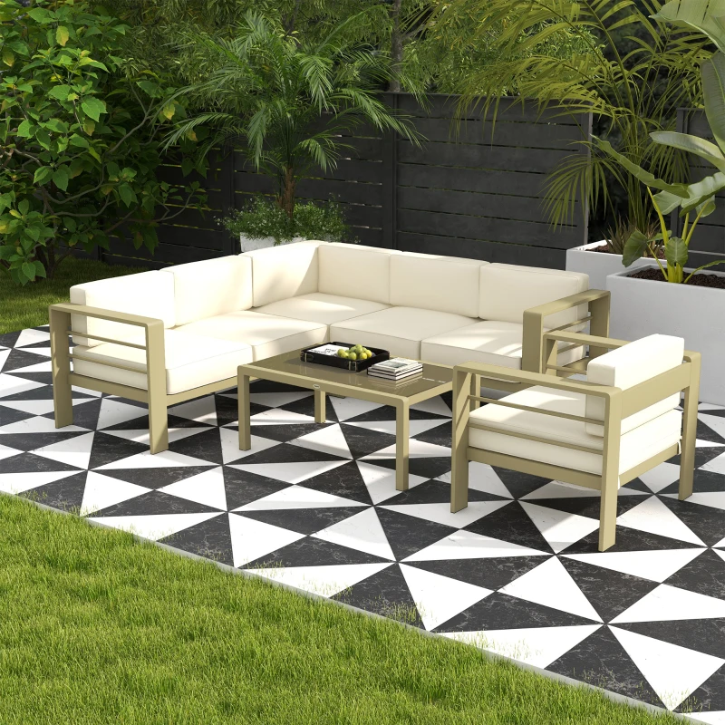 Outsunny 5-Piece Garden Corner Sofa Set with Cushions, 6 Seater Aluminium Garden Furniture Set with Glass Top Coffee Table, Patio Sectional Conservatory Furniture for Patio & Terrace, Gold Tone