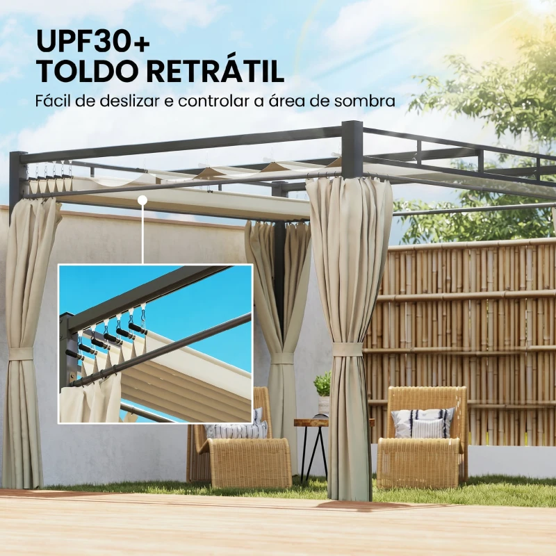 Outsunny Pérgola de Jardim 295x295x221 cm com Teto Retrátil e Cortinas UPF30+ Estrutura Metálica Pérgola para Exterior Bege