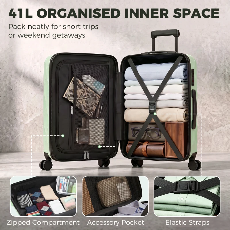 HOMCOM 56cm 41L Suitcase, Lightweight ABS Hard Shell Carry On Luggage with TSA Lock, Spinner Wheels, Telescopic Handle, Green