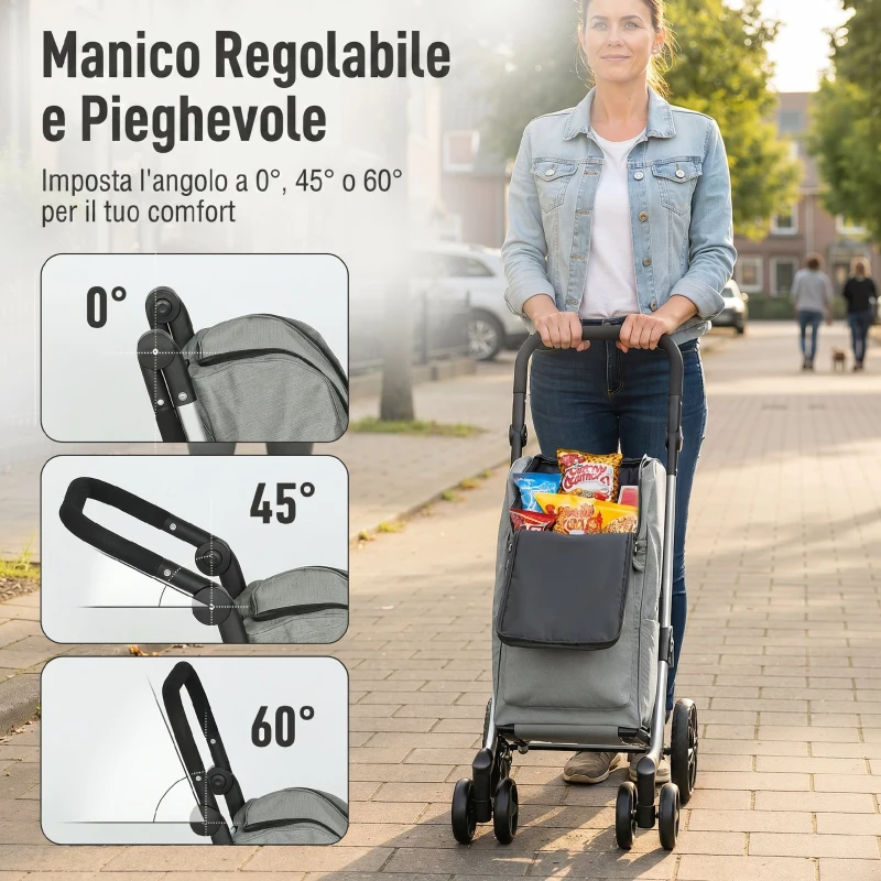 HOMCOM Carrello Spesa Pieghevole in Alluminio con Ruote, Borsa da 46L, Scomparto Refrigerato, Manico Regolabile, Grigio