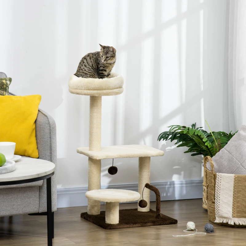 PawHut Albero Tiragraffi per Gatti con Palo in Sisal, Posatoio e Palline da Gioco, in Truciolato e Peluche, 44x38x81 cm
