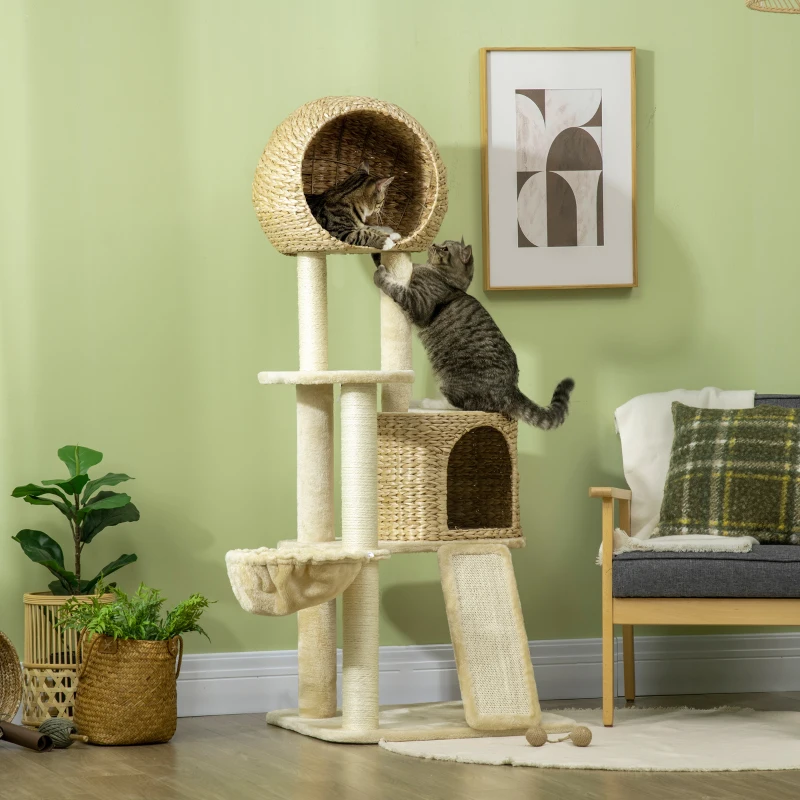 PawHut Arbre à chats griffoir sisal naturel 2 niches plateforme hamac peluche jacinthe d'eau - 60 x 60 x 150 cm beige