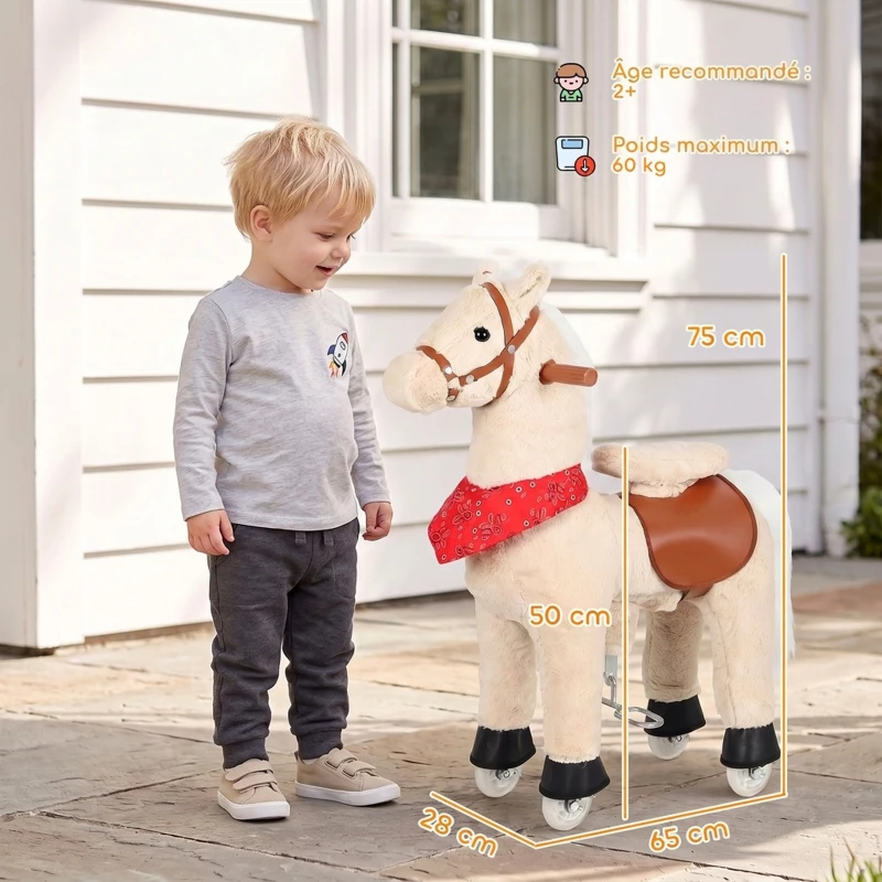 AIYAPLAY Cheval à bascule en peluche avec tête rotative, roues roulantes et sons de hennissement, dès 2 ans, marron clair