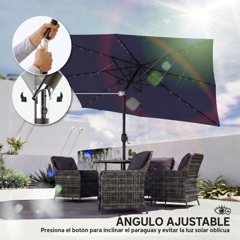 Outsunny Sombrilla de Jardín con 24 Luces LED Solares Dosel Inclinable Poste Metálico 2,9x2,5 m Azul Oscuro