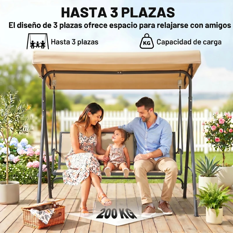Outsunny Columpio de Jardín Exterior de 3 Plazas con Toldo Reclinable Respaldo Transpirable Marco de Acero 175x118x159 cm Beige