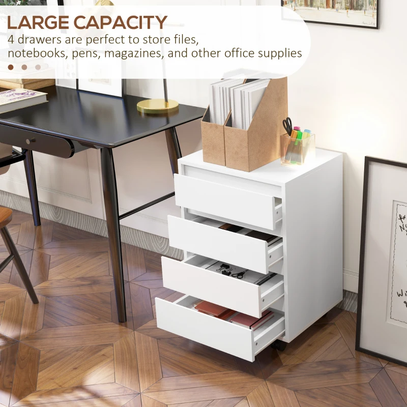 HOMCOM Four-Drawer Office Filing Cabinet, with Wheels - White
