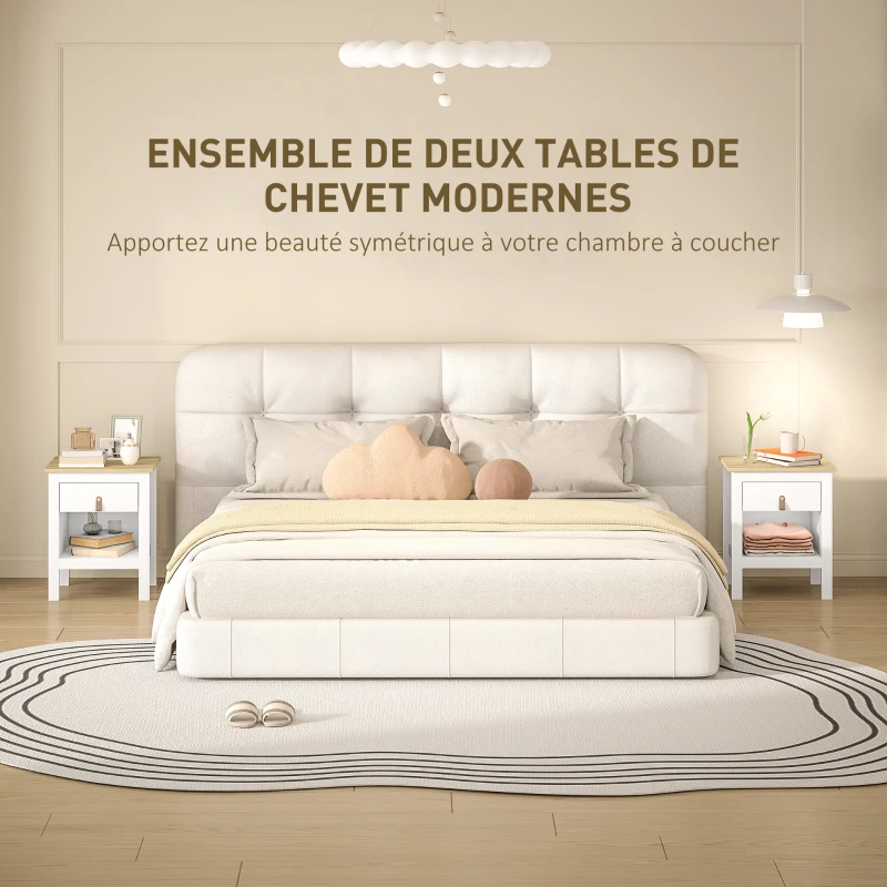 HOMCOM Lot de 2 tables de chevet avec tiroir et compartiment ouvert, 45 x 40 x 55 cm, blanc
