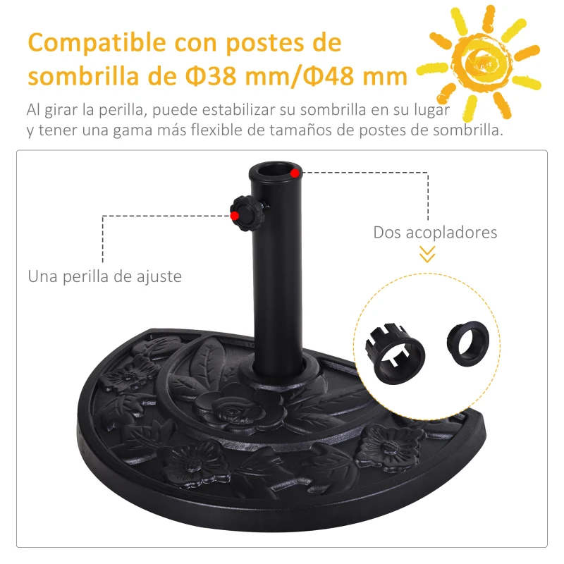 Outsunny Soporte para Parasol Peso 9 kg en Forma de Semicírculo para Poste de Paraguas de Ø3,8 cm y Ø4,8 cm 50x31x32 cm Negro