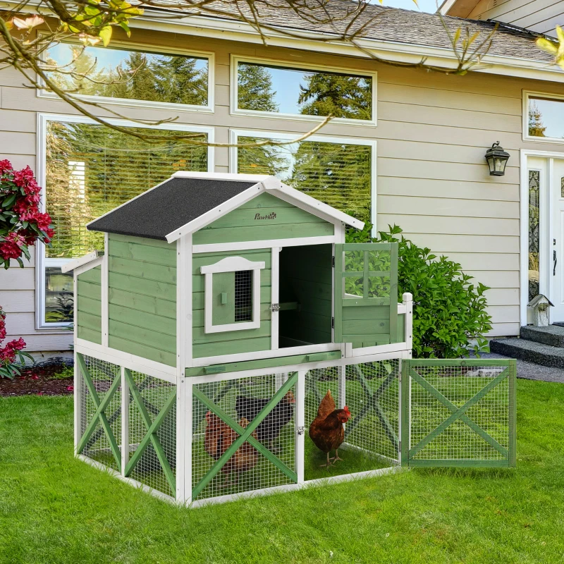 PawHut Galinheiro de Madeira Exterior Gaiola para 2 Galinhas com Grade de Arame Floreira para Cultivo Ninho Teto Asfáltico Bandeja Removível e Rampa 110x109x124cm Verde