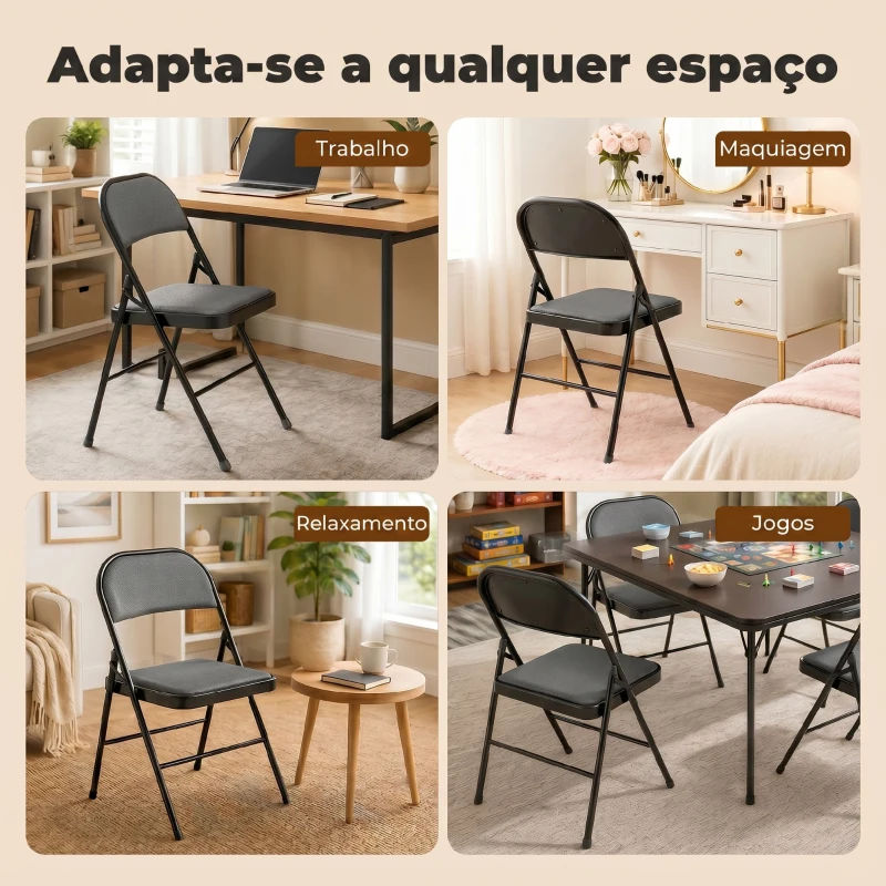 HOMCOM Conjunto de 4 Cadeiras Dobráveis com Encosto e Estrutura de Aço para Sala de Estar escritório Estúdio 45x46x78 cm Preto