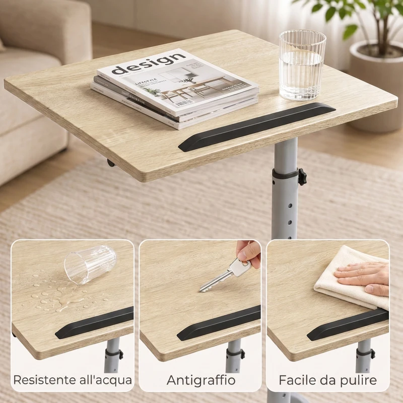 HOMCOM Tavolino Salotto ad Altezza Regolabile con 4 Ruote, in Legno e Metallo, 60x40x72-93.5 cm, Rovere