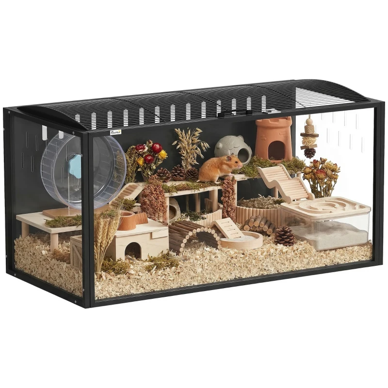PawHut Cage à Hamster Géante Habitat pour Rongeur en Acier et Acrylique Transparent Vue Panoramique 105 x 51 x 53 cm Noir