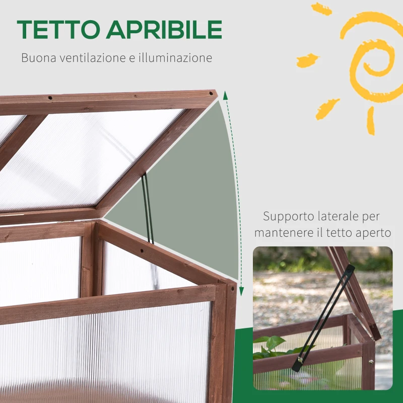 Outsunny Mini Serra da Giardino Rialzata in Legno e Policarbonato con Tetto Apribile, 90x50x93cm