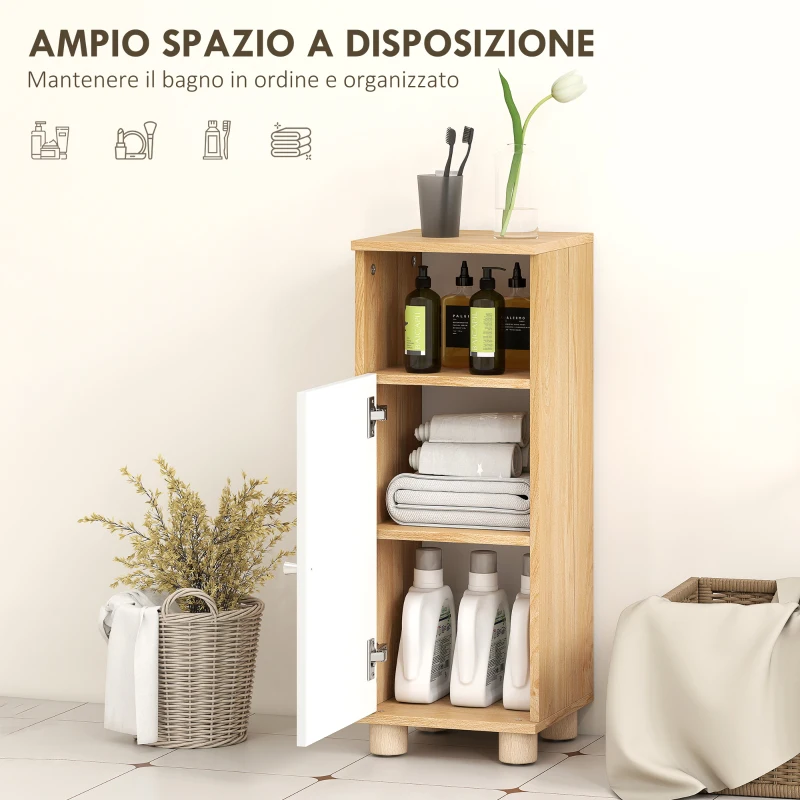 HOMCOM Mobiletto Bagno Salvaspazio con Armadietto a 2 Ripiani e Vano Aperto, 30x30x79.7 cm, Bianco e Legno