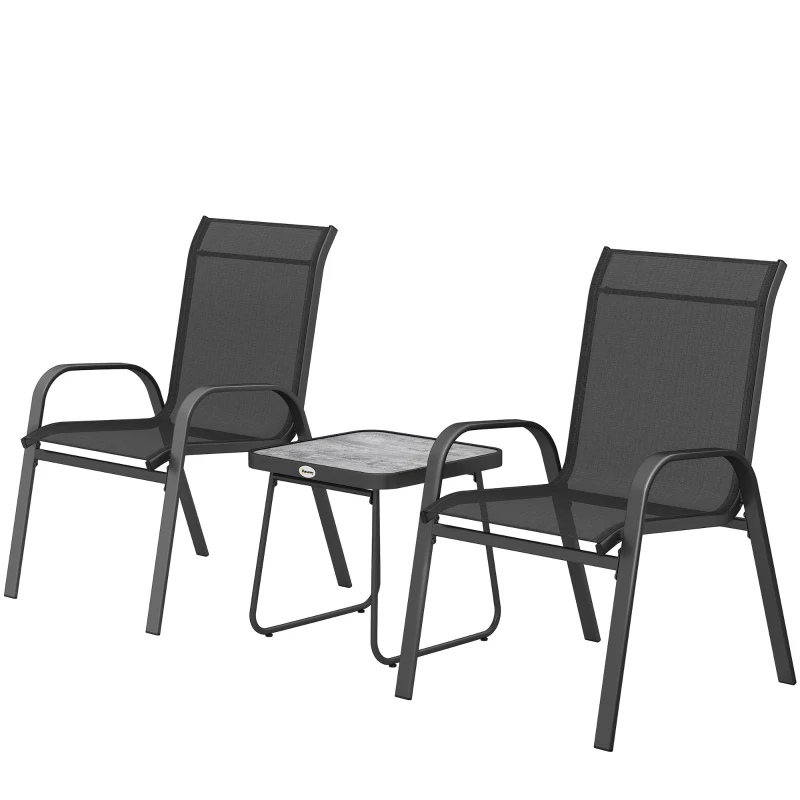 Outsunny Ensemble de jardin 3 pièces 2 chaises empilables et table carrée avec dossier haut revêtement en textilène noir