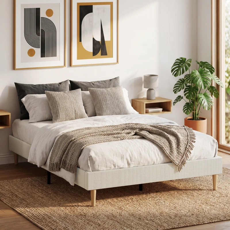 HOMCOM Cadru de pat 140 x 190 cm cu somieră, pat dublu tapițat în catifea canelată, spațiu de depozitare dedesubt, crem