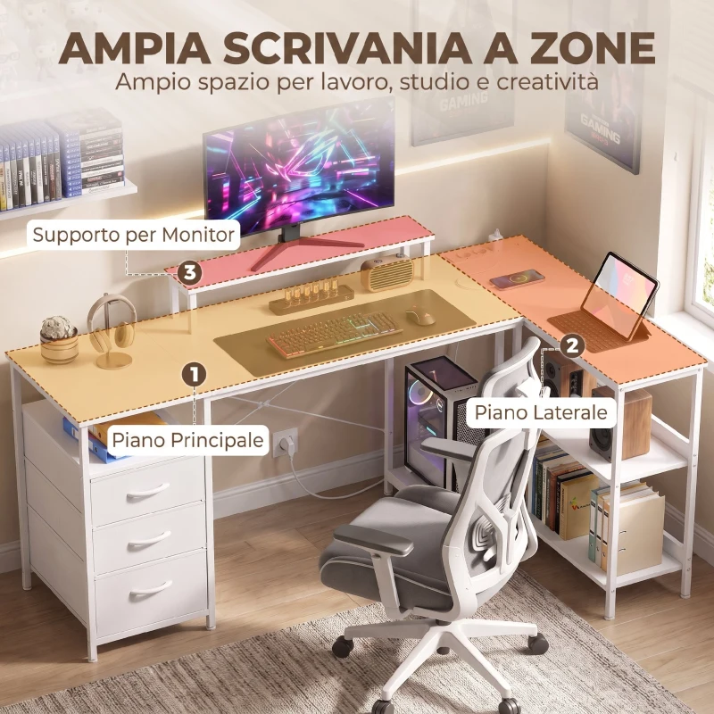 HOMCOM Scrivania Angolare Reversibile con Cassetti, Ripiani e Prese, 170x100cm, Bianca