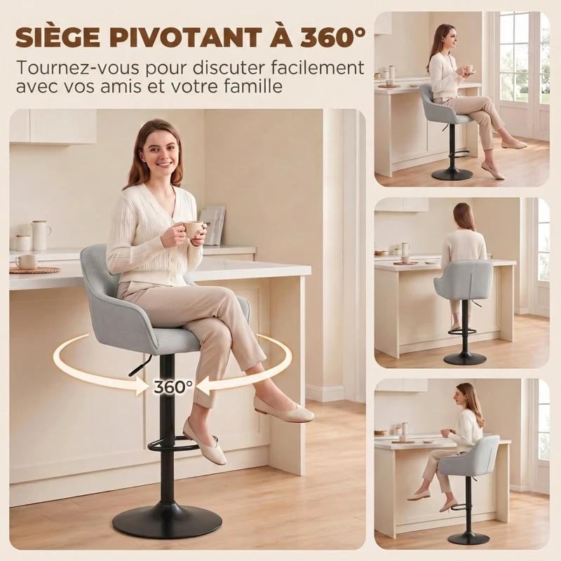 HOMCOM Tabourets de Bar Lot de 2, Chaises de Bar en Chenille, Hauteur Réglable, Pivotant 360°, Dossier et Repose-Pieds, Gris