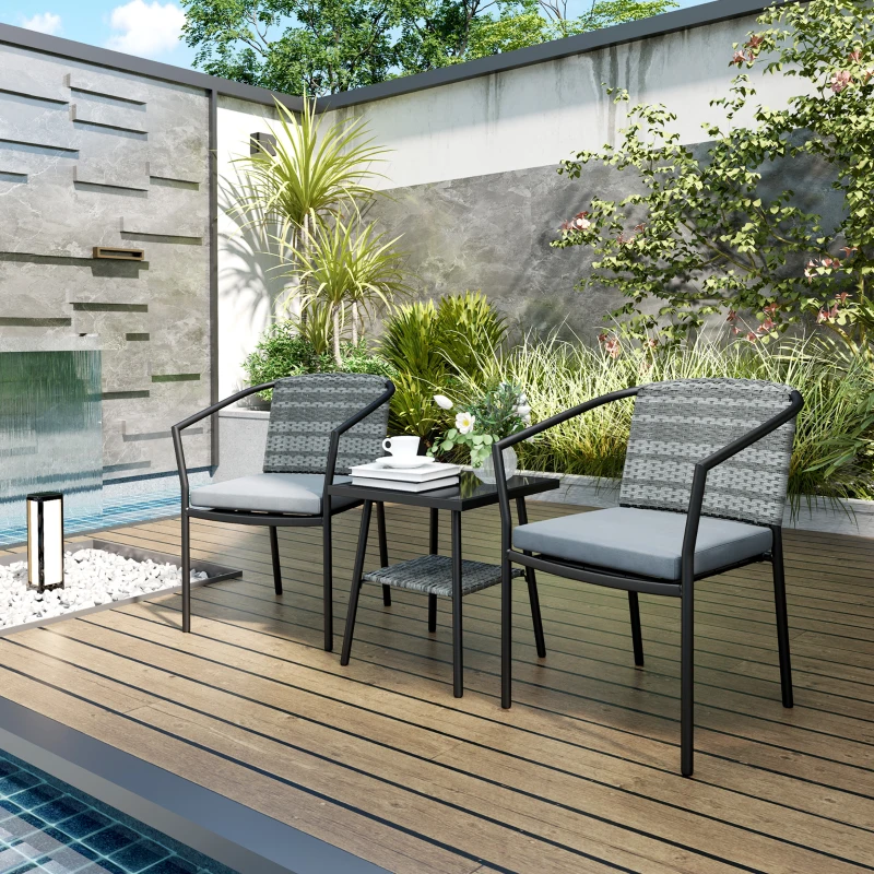 Outsunny 3 Pieces Rattan Bistro Set with Cushions, Wicker Garden Furniture Set, Glass Top Coffee Table and Chairs for Outdoor Patio, Balcony, Terrace and Conservatory, Grey