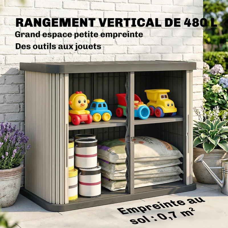 Outsunny Coffre de Rangement Extérieur 480 L, 2 Niveaux avec Portes Coulissantes Résistant aux UV, 120,5x59,5x92cm, Marron Clair