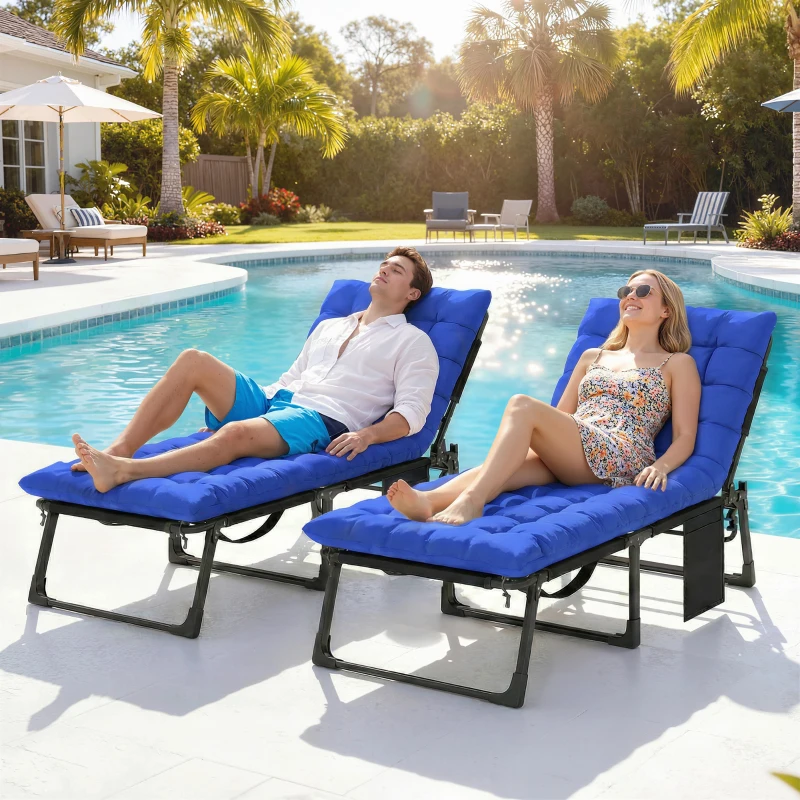 Outsunny Folding Sun Loungers for Garden Set of 2, 5-Position Oversized Camping Bed Recliner with Cushions, Blue