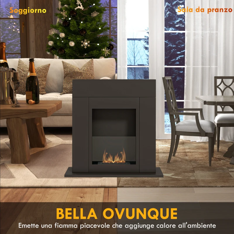 HOMCOM Camino Bioetanolo da Terra con Bruciatore da 0.9L Durata 3 Ore, Area Riscaldata 20-25 m², 73x20x75cm, Nero