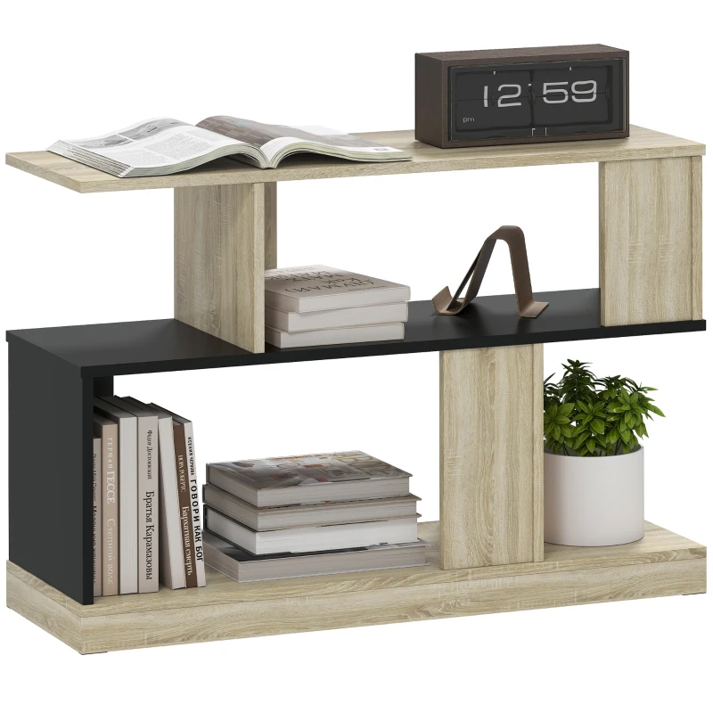 HOMCOM Table d'appoint en forme S, bout de canapé à 3 niveaux étagères de rangement, 90 x 30 x 61 cm, effet bois naturel noir