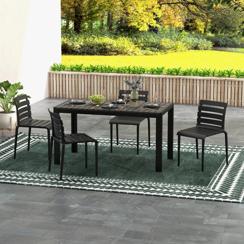 Outsunny Set da Giardino con Tavolo e 4 Sedie Impilabili in Acciaio e Doghe in Plastica, Nero