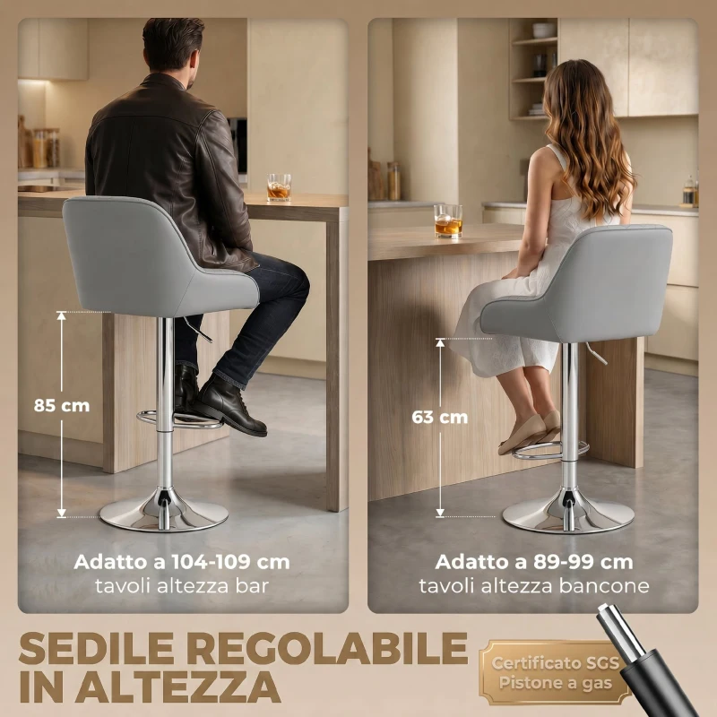 HOMCOM Set 2 Sgabelli da Bar con Schienale, Girevoli e Regolabili in Altezza, Finta Pelle, Grigio Chiaro