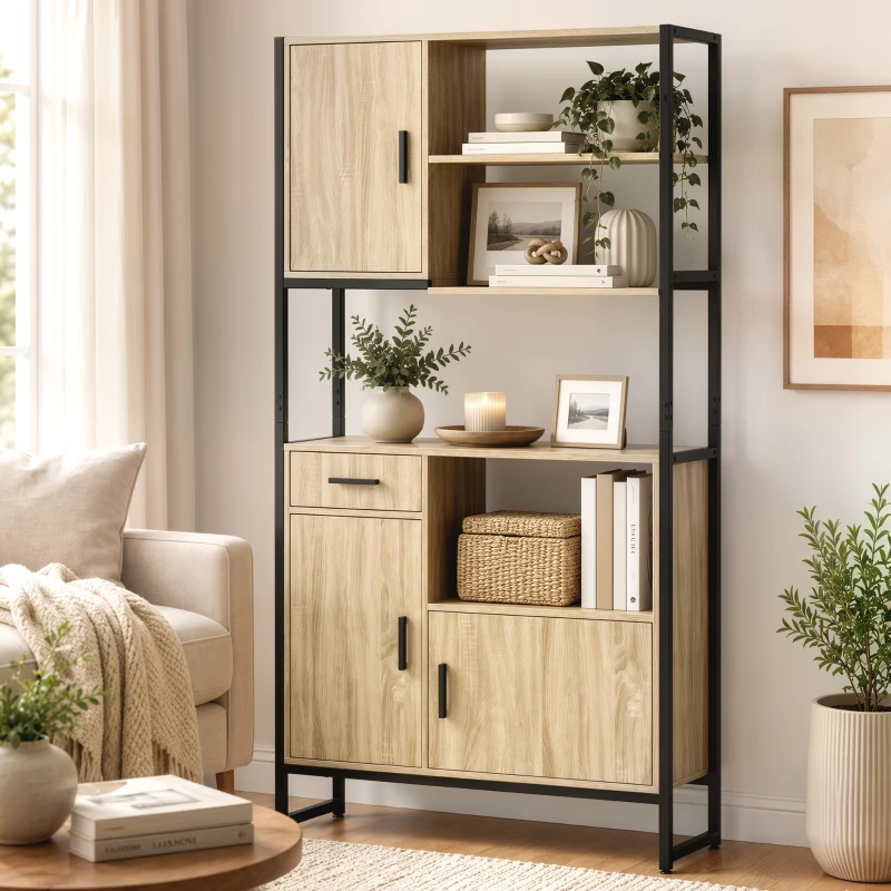 HOMCOM Aparador Alto para Cozinha Armário de Cozinha 3 Portas com Fecho Suave Gaveta Bancada Nichos Abertos Madeira Natural