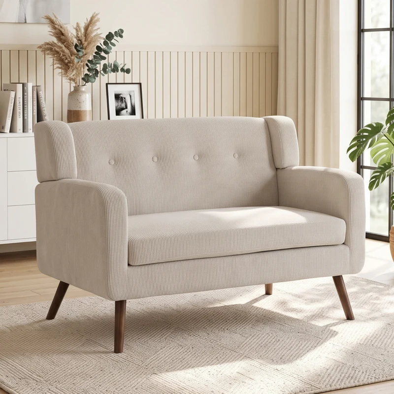 HOMCOM Canapea 2 locuri 118 cm cu aspect corduroy, capitonaj cu nasturi, canapea tapițată modernă și confortabilă cu picioare din lemn pentru spații mici