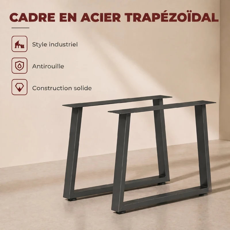 HOMCOM Pieds de table en acier, 60 x 43 cm, lot de 2 pieds de bureau trapezoïdes avec patins réglables et vis, noir