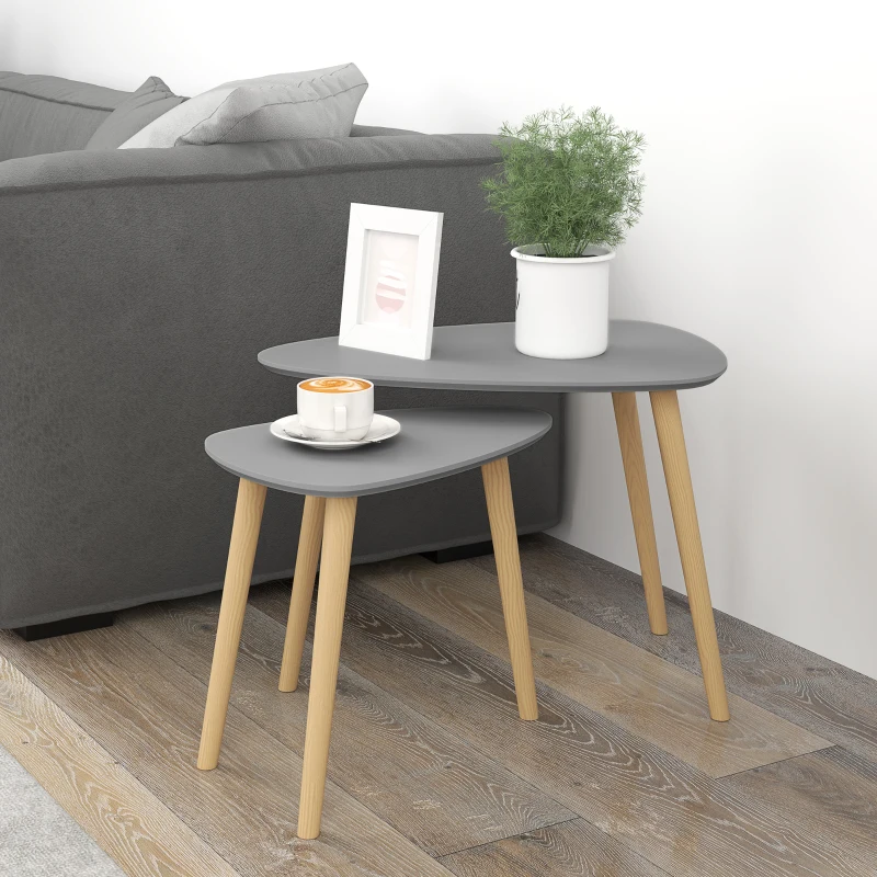 HOMCOM Juego de 2 Mesas Auxiliares Mesas Nido con Patas de Madera 59,5x39,5x45 cm y 44,5x28,5x40 cm Gris y Natural