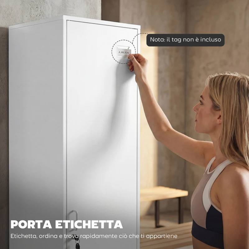 HOMCOM Armadio Metallico con Porta Chiudibile, Portanome e Asta Appendiabiti, 40x40x179 cm, Bianco