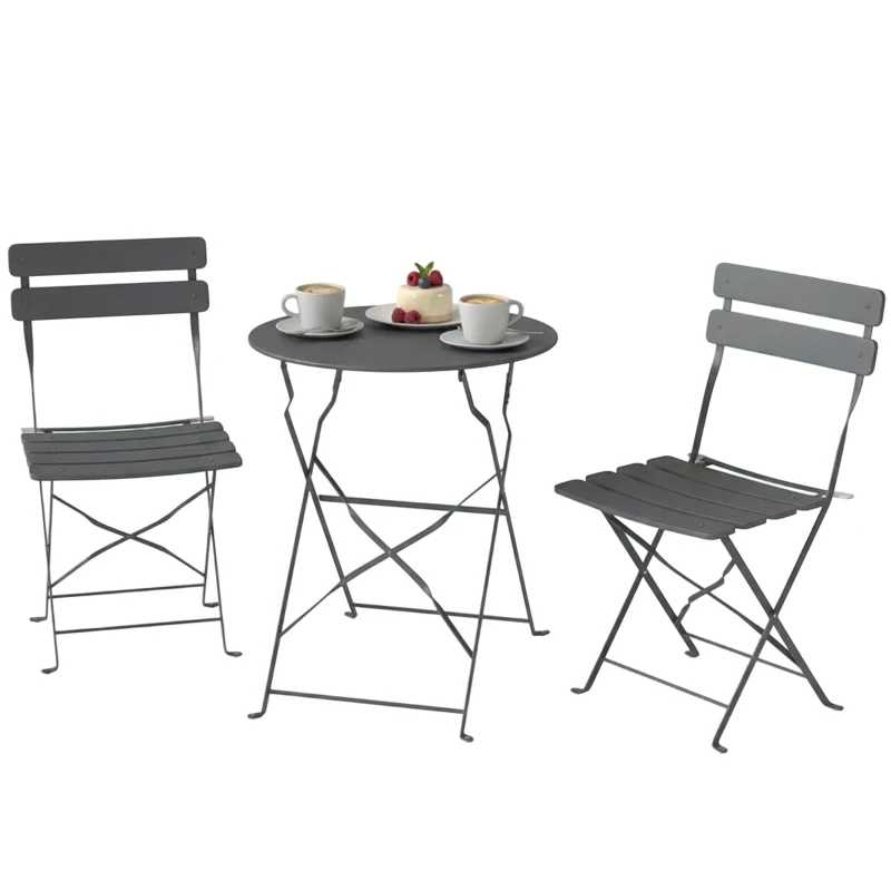 Outsunny Folding Garden Bistro Set, Outdoor Round Bistro Table and Chairs Set 2 with Electrophoresis Metal Frame, Grey