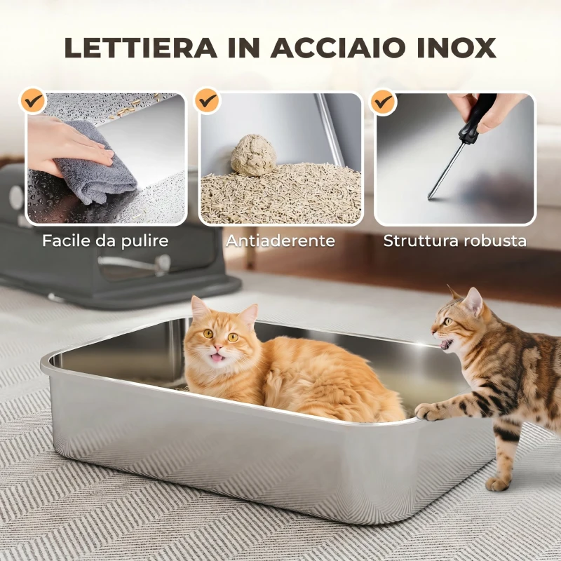 PawHut Lettiera Gatto Chiusa in Acciaio Inox 52L con Coperchio Ribaltabile, Doppia Porta, Paletta, Nero