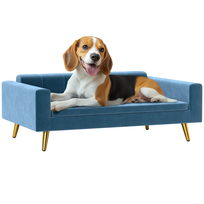 PawHut Canapé chien lit pour chien design scandinave coussin moelleux pieds métal doré 94 x 59,5 x 31,5 cm velours soyeux bleu