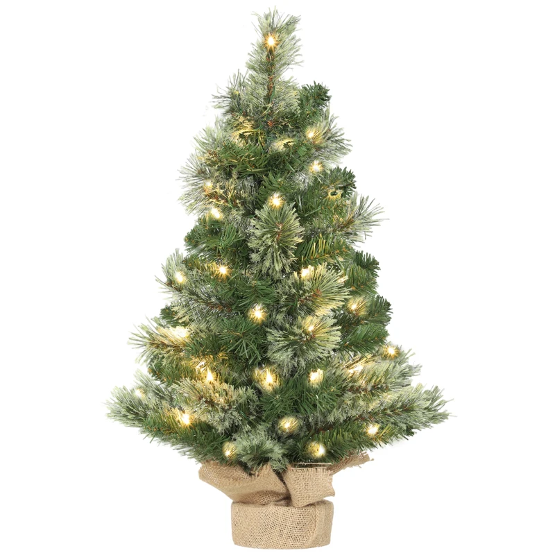 HOMCOM Brad de Crăciun Mic, Înălțime 60 cm cu 35 Luminite LED Albe, 68 Crengi Dese și Ignifuge, Verde