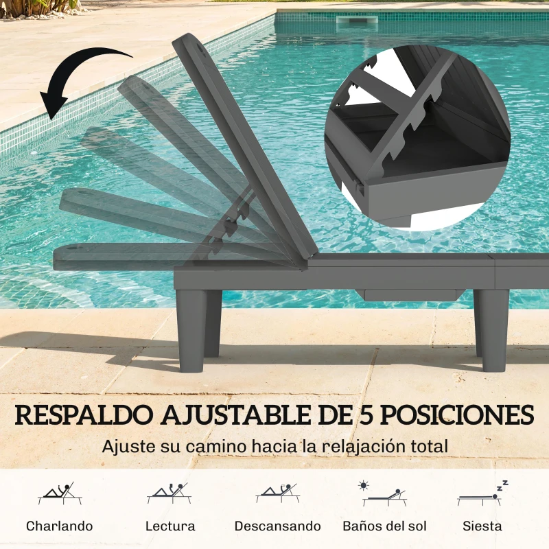 Outsunny Conjunto de 2 Tumbonas Reclinables de Plástico PP con Bandeja Lateral Respaldo Ajustable 5 Niveles 192x57x28,5 cm Gris