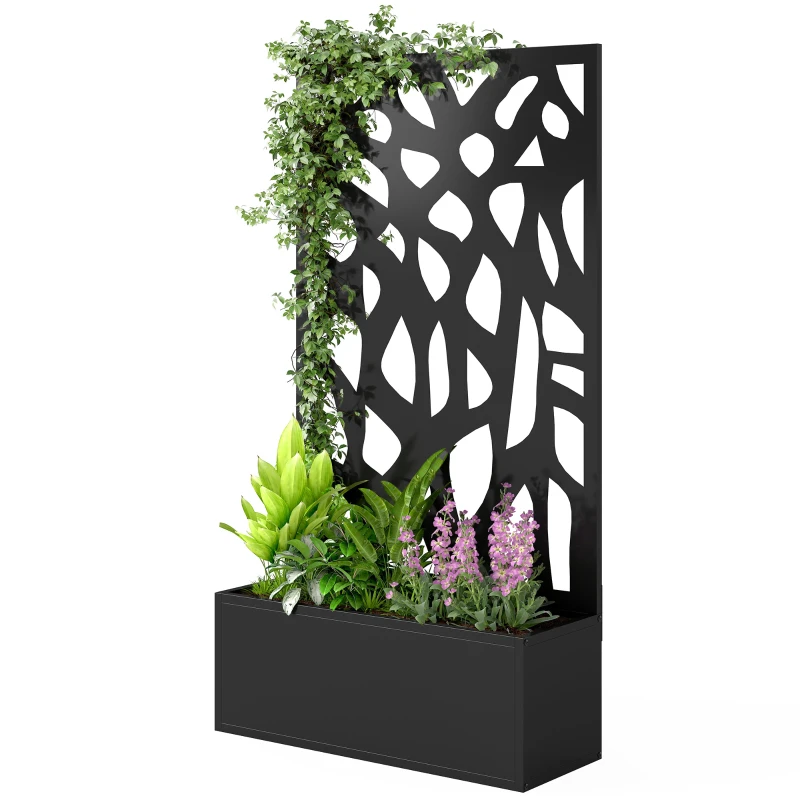 Outsunny Metal Raised Garden Bed with Trellis, Outdoor Planter Box with Privacy Screen, Elevated Garden Box for Climbing Plants